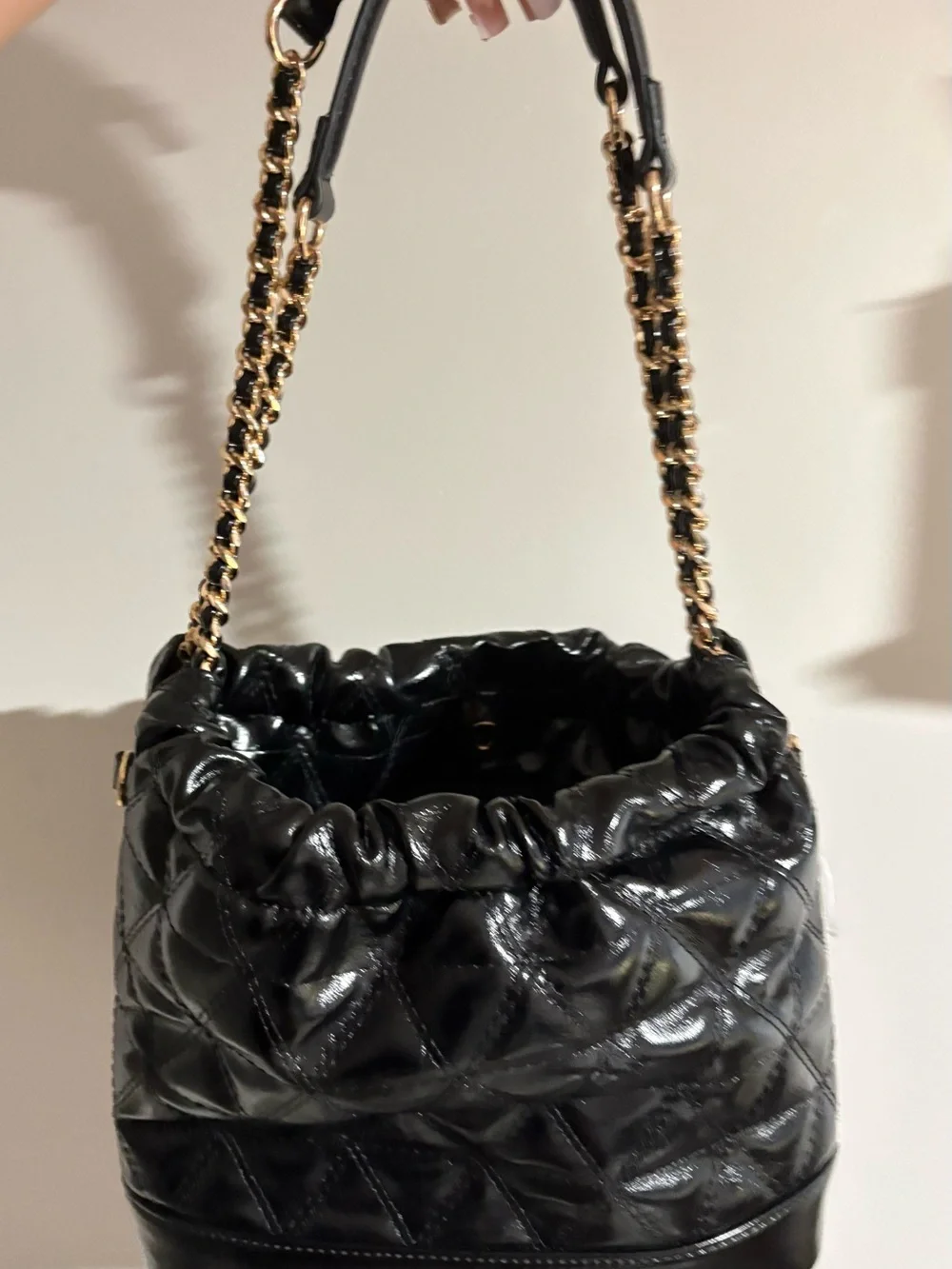 Aldo Black Quilted Drawstring Shoulder Bag with Gold Chain Detail
